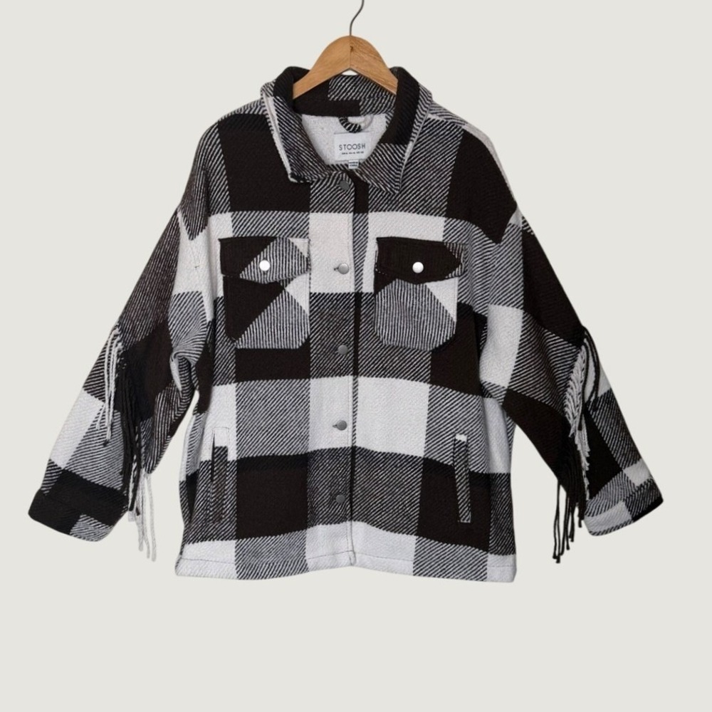 Fringe Shacket Jacket XL Brown White Plaid Wool Blend Western Button Front⁠